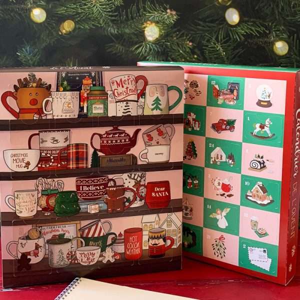 Calendrier de l’avent illustré, avec 24 cases à ouvrir chaque jour de décembre.