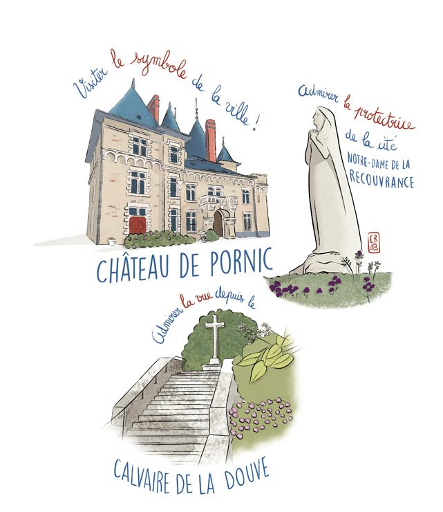 Illustrations touristiques de Pornic montrant ses monuments "cachés"