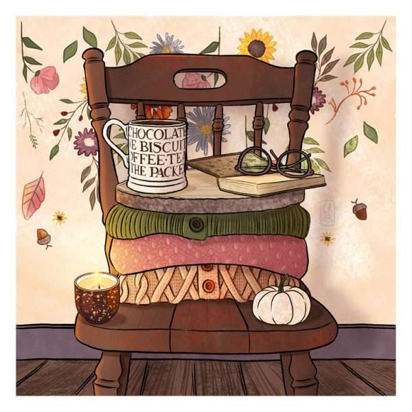 Illustration d'une chaise en bois sur fond de tapisserie d'automne. Pile de pulls et objets de saison