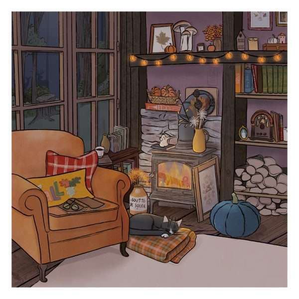 Illustration d’un salon décoré pour l’automne, avec cheminée allumée, fauteuil confortable, plaid, citrouilles, guirlande lumineuse et petit chat qui dort.