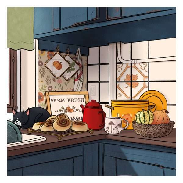 Illustration d’un plan de cuisine automnal avec courges, pommes, bouilloire rouge, plats en préparation et un chat noir installé devant la fenêtre.