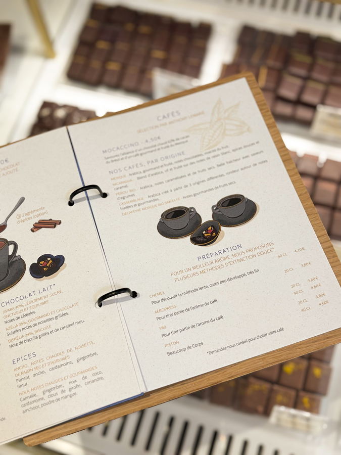 Extrait de la carte du salon de thé Le Bonheur Chocolat à St-Brevins-les-pins