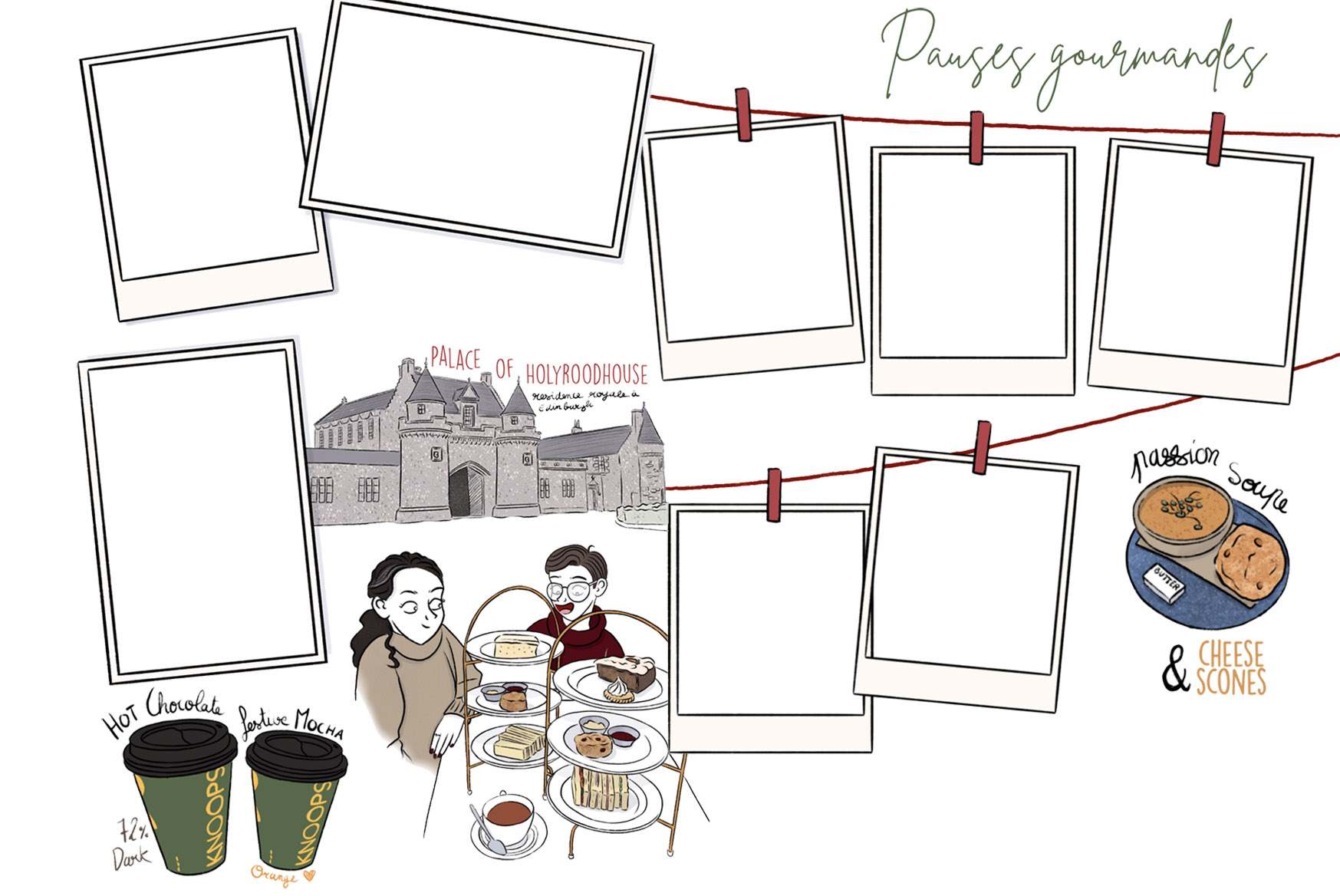 Carnet de voyage illustré mêlant dessins, photos et anecdotes pour Sylvia.