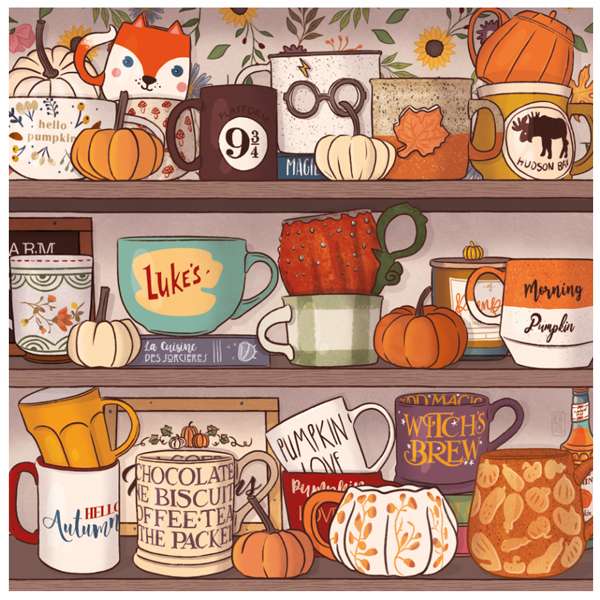 Puzzle 1000 pièces illustré d’une étagère d’automne remplie de tasses, citrouilles et douceurs cosy