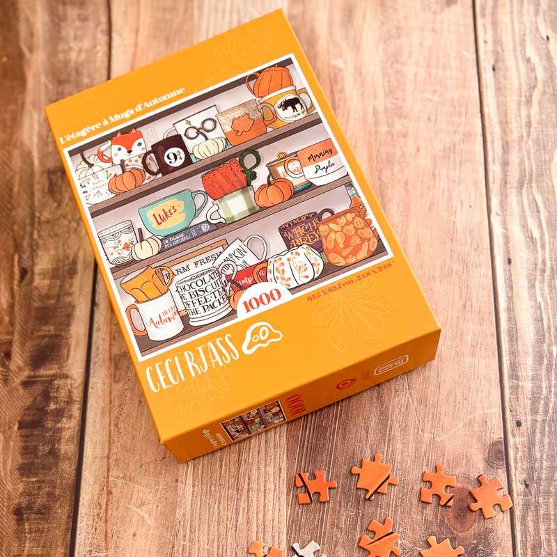 Puzzle 1000 pièces illustré d’une étagère d’automne remplie de tasses, citrouilles et douceurs cosy