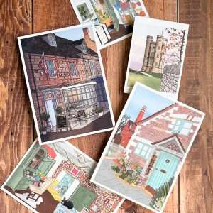 Cinq illustrations représentant la région des Costwolds en angleterre