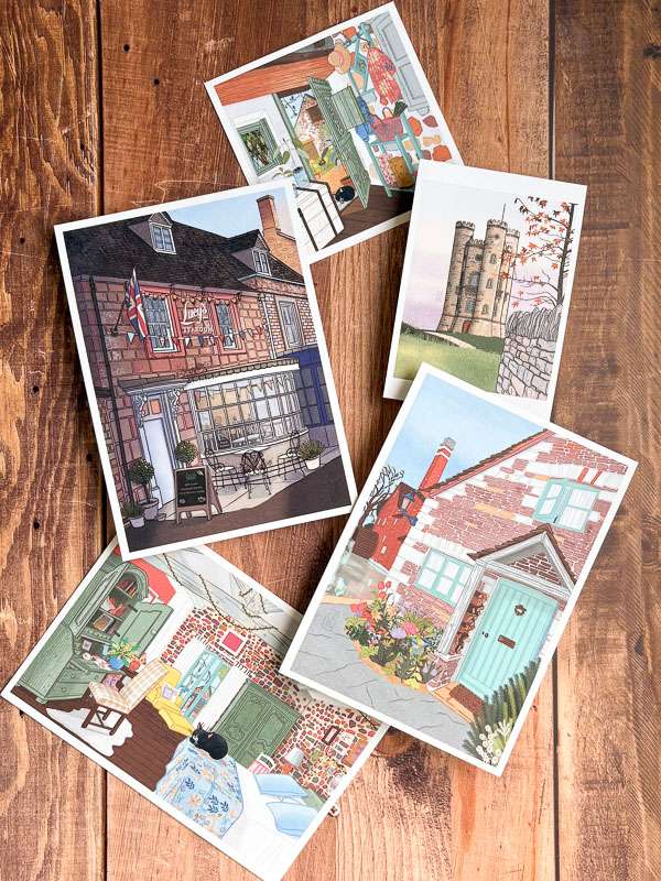 Cinq illustrations représentant la région des Costwolds en angleterre