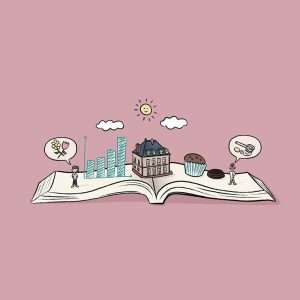 Illustration de plusieurs éléments pour mettre en valeur une prestation de service : le Storytelling d'entreprise