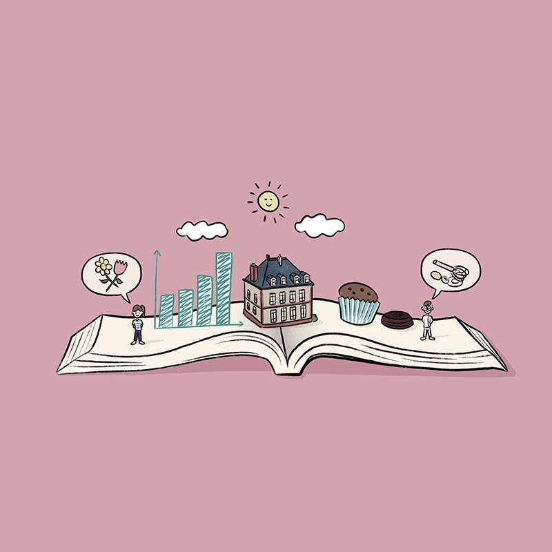 Illustration de plusieurs éléments pour mettre en valeur une prestation de service : le Storytelling d'entreprise