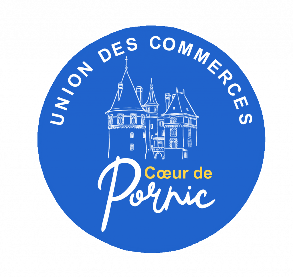 Logo du château de Pornic sur fond bleu électrique, pour l'union des commerce de Pornic