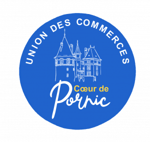 Logo du château de Pornic sur fond bleu électrique, pour l'union des commerce de Pornic