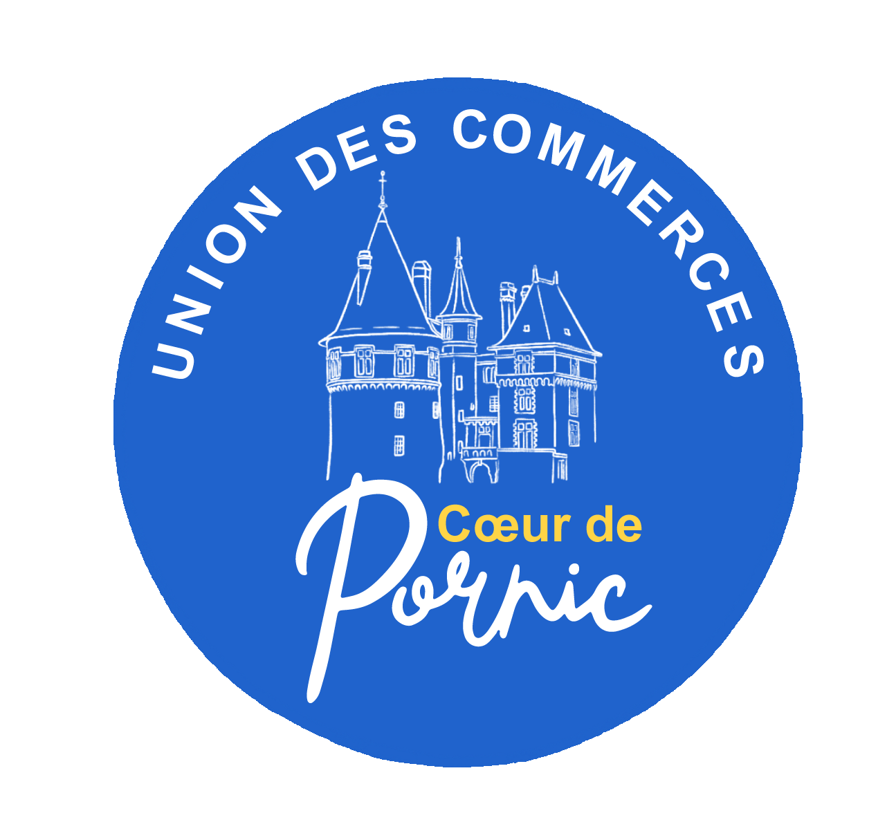 Logo du château de Pornic sur fond bleu électrique, pour l'union des commerce de Pornic