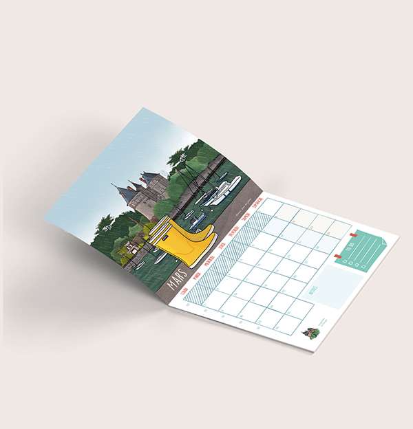 Calendrier 2026 illustré de Pornic et ses alentours, page de mars avec le château de Pornic et bottes de pluie.