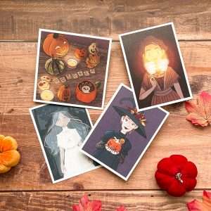 Illustrations Halloween, citrouilles et figures effrayantes.
