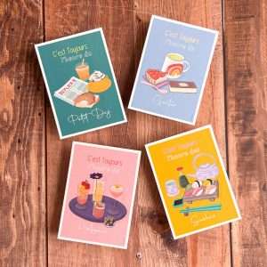 Lot de 4 cartes illustrées « C’est toujours l’heure du » : petit-déjeuner, sushis, goûter et apéro.