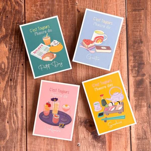 Lot de 4 cartes illustrées « C’est toujours l’heure du » : petit-déjeuner, sushis, goûter et apéro.