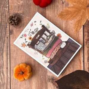 Illustration d'une chaise en bois sur fond de tapisserie d'automne. Pile de pulls et objets de saison