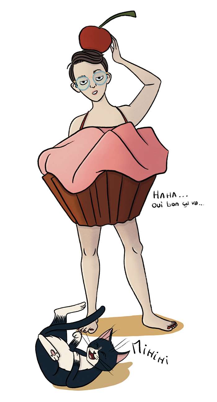 Illustration d'un costume de cupcake et d'un chat pris d'un fou rire devant le spectacle