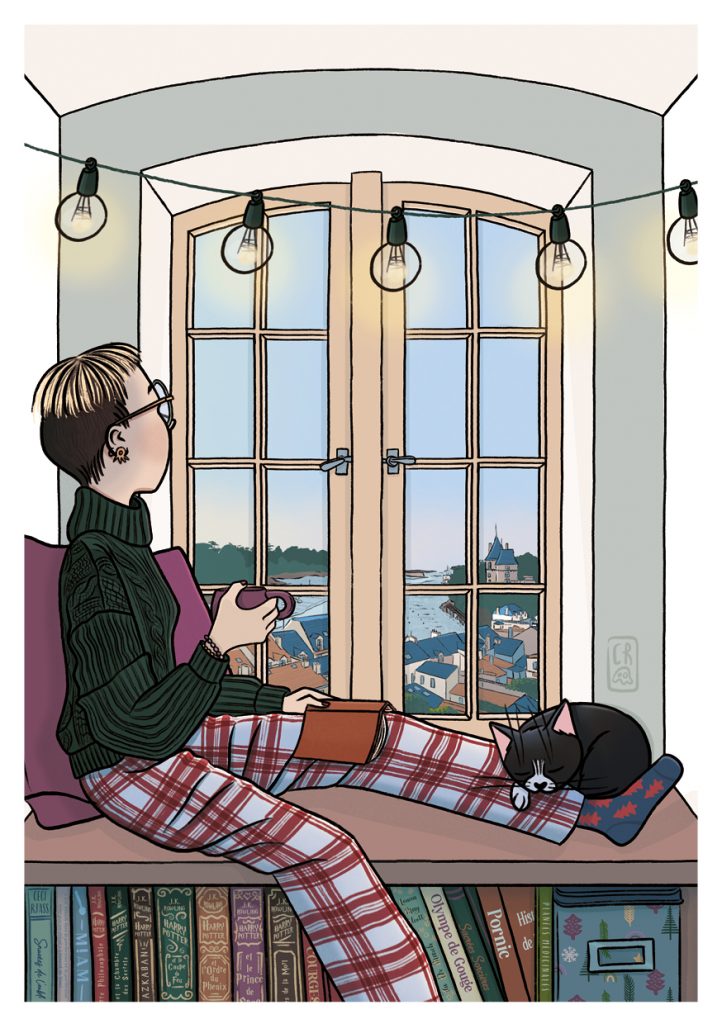 Illustration d’une femme à sa fenêtre observant la Ria de Pornic et le vieux port, boisson chaude et livre sur les genoux, chat à ses pieds, ambiance cocooning hivernale.
