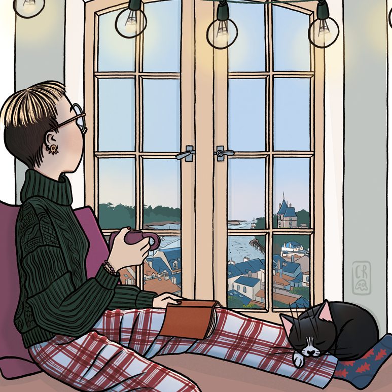Illustration d’une femme à sa fenêtre observant la Ria de Pornic et le vieux port, boisson chaude et livre sur les genoux, chat à ses pieds, ambiance cocooning hivernale.