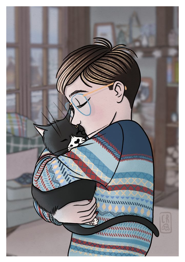 Illustration d’une femme et son petit chat blottis dans un câlin, fond flouté inspiré de l’illustration Séjour Cosy d’hiver, ambiance douce et cocon.