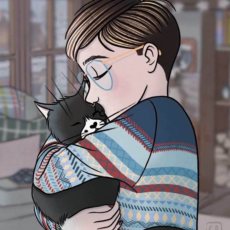 Illustration d’une femme et son petit chat blottis dans un câlin, fond flouté inspiré de l’illustration Séjour Cosy d’hiver, ambiance douce et cocon.