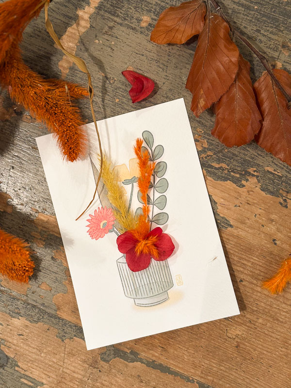 Carte illustrée d’Agapanthe avec bouquet de fleurs séchées, nouvelle composition