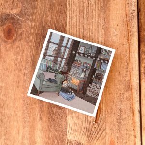 Illustration d’un salon décoré pour l’hiver, avec cheminée allumée, fauteuil confortable, plaid, guirlande lumineuse et petit chat qui dort.