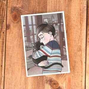 Illustration d’une femme et son petit chat blottis dans un câlin, fond flouté inspiré de l’illustration Séjour Cosy d’hiver, ambiance douce et cocon.