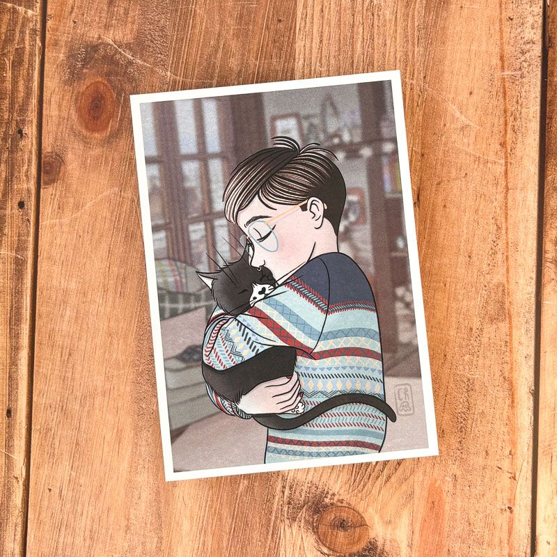 Illustration d’une femme et son petit chat blottis dans un câlin, fond flouté inspiré de l’illustration Séjour Cosy d’hiver, ambiance douce et cocon.
