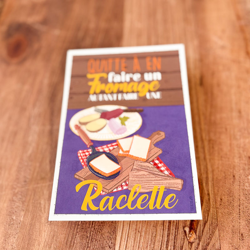 Illustration humoristique d’un poêlon de fromage fondu, assiette de charcuterie et pile de fromages, ambiance gourmande et festive.