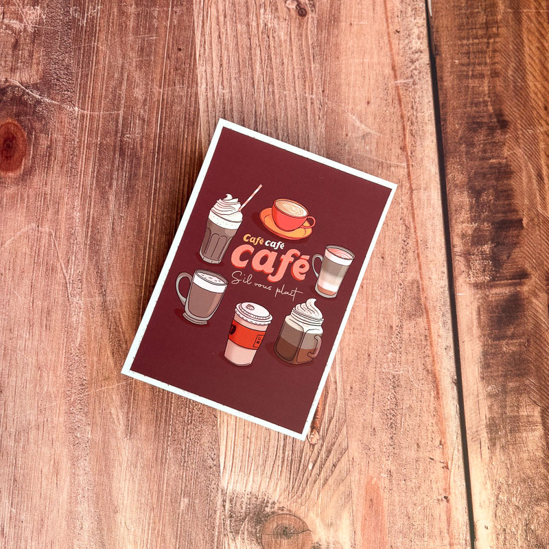 Illustration de différentes boissons au café avec la phrase « café café café, s’il vous plaît »