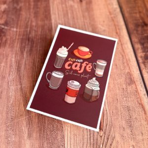 Illustration de différentes boissons au café avec la phrase « café café café, s’il vous plaît »