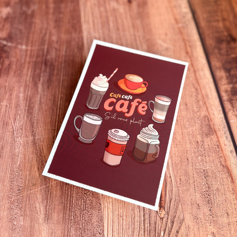 Illustration de différentes boissons au café avec la phrase « café café café, s’il vous plaît »
