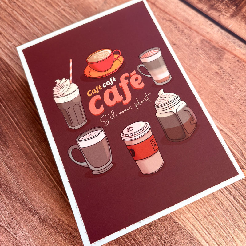 Illustration de différentes boissons au café avec la phrase « café café café, s’il vous plaît »