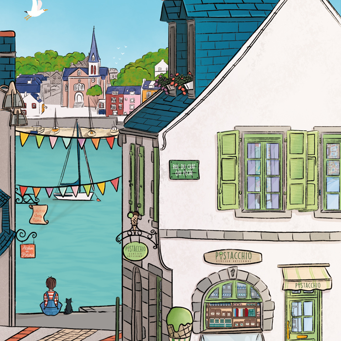 Illustration d'une ruelle de port avec une glacerie à l'enseigne Pistacchio, des voiliers, des fanions colorés, une mouette et un chat noir.
