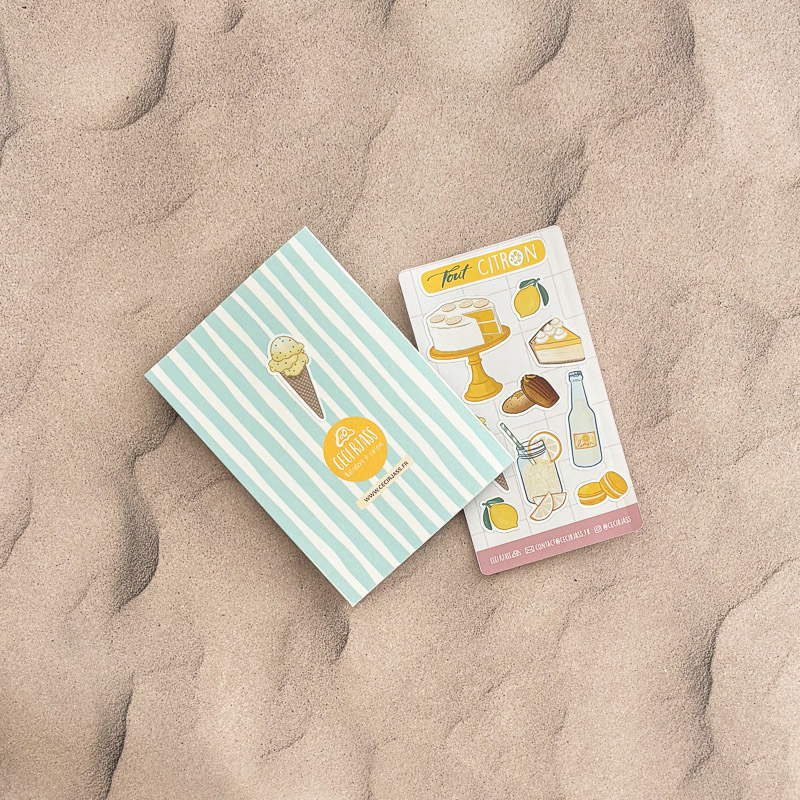 Planche de stickers thème citron, illustration Ceci Rjass — citronnade, glace, cheesecake
