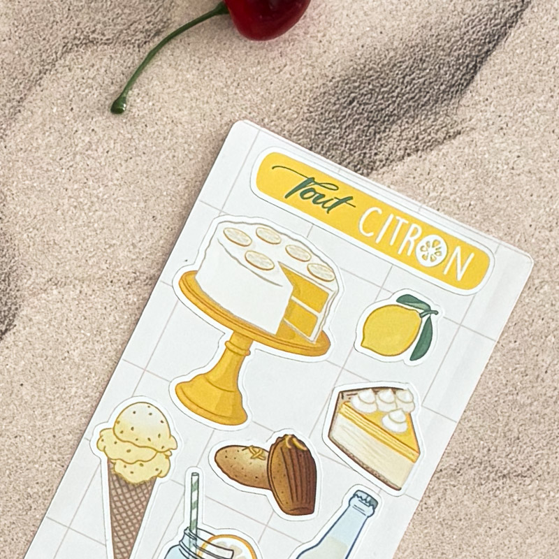 Planche de stickers thème citron, illustration Ceci Rjass — citronnade, glace, cheesecake