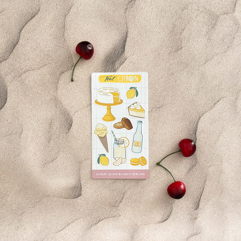 Planche de stickers thème citron, illustration Ceci Rjass — citronnade, glace, cheesecake