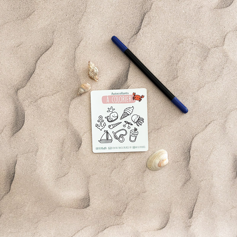 Planches de stickers à colorier thème marin édition été, illustration Ceci Rjass, Pornic
