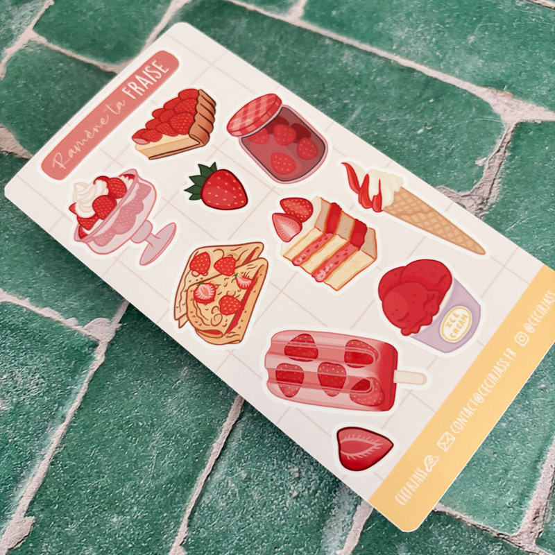 Planche de stickers à colorier thème fraise, illustration Ceci Rjass — glace italienne, fraisier, tarte, confiture