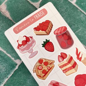 Planche de stickers à colorier thème fraise, illustration Ceci Rjass — glace italienne, fraisier, tarte, confiture