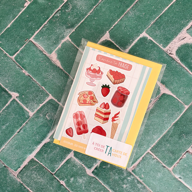Planche de stickers à colorier thème fraise, illustration Ceci Rjass — glace italienne, fraisier, tarte, confiture