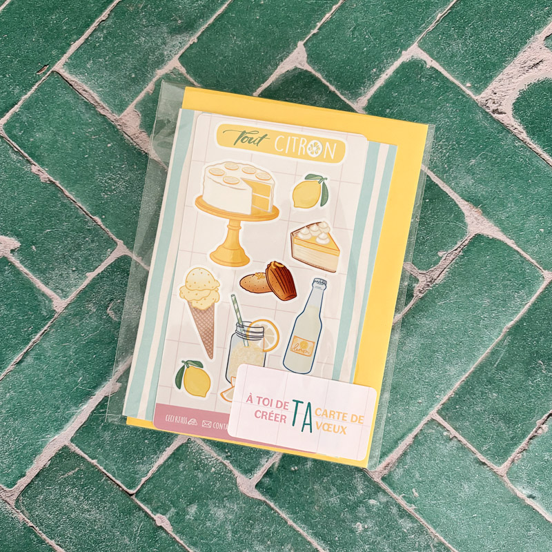 Planche de stickers thème citron, illustration Ceci Rjass — citronnade, glace, cheesecake