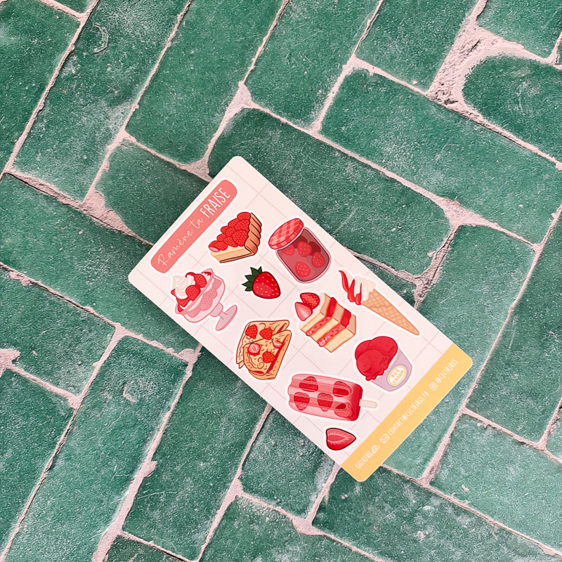 Planche de stickers à colorier thème fraise, illustration Ceci Rjass — glace italienne, fraisier, tarte, confiture