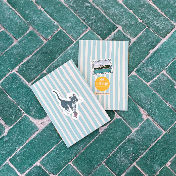 Carnets petit format bleu et blanc, motif animal illustré par Ceci Rjass, souvenir fait à Pornic, Pays de Retz