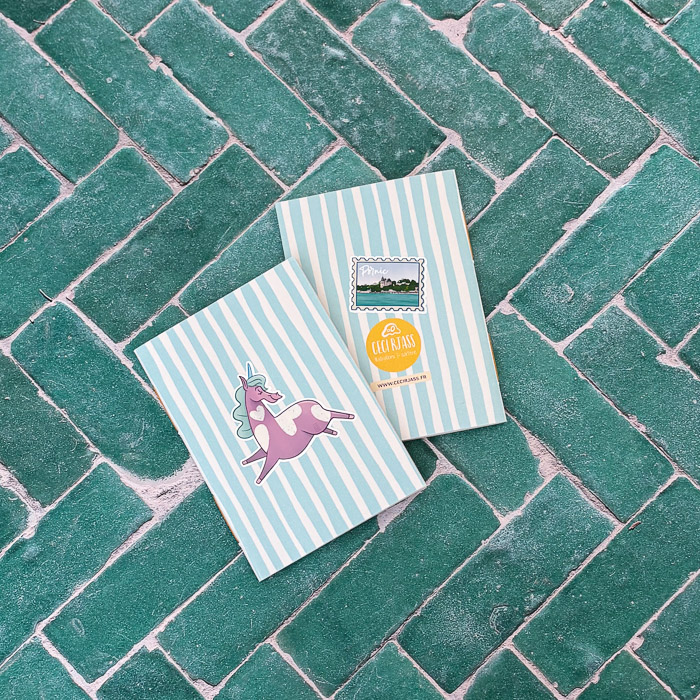 Carnets petit format bleu et blanc, motif animal illustré par Ceci Rjass, souvenir fait à Pornic, Pays de Retz