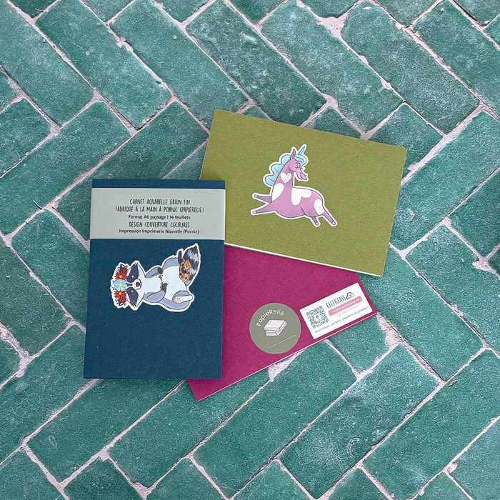 Carnets aquarelle colorés avec petit sticker animal, illustrés par Ceci Rjass, fait à Pornic, Pays de Retz